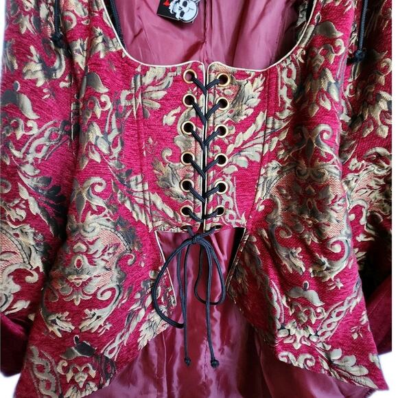 Devil Fashion Red Gold Brocade Renaissance Pirate Gothic Coat Corset Front M - Picture 4 of 14